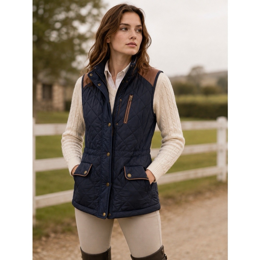 Ralph Lauren Quilted Vest Womens M Navy Equestrian Riding Preppy Faux Leather